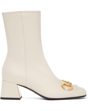 Gucci Off- Horsebit Mid Heel Ankle Boots - White