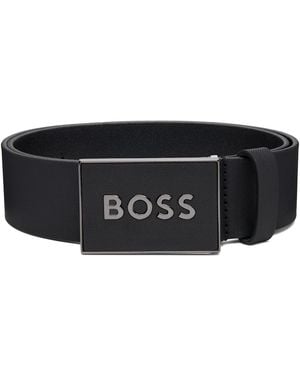 BOSS Logo Plaque Buckle Leather Belt - Black