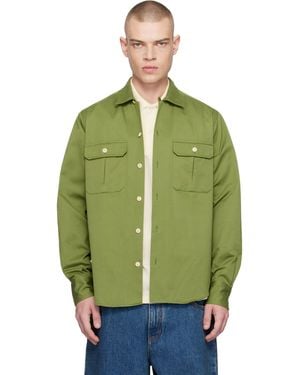 Drake's Brushed Cotton Twill Camp Collar Shirt - Green