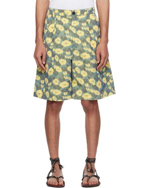 Marni Short Vert Et Jaune En Lin À Motif Floral
