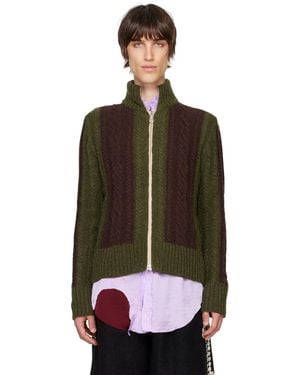 Edward Cuming Khaki & Burgundy Cable Knit Zip Jumper - Black