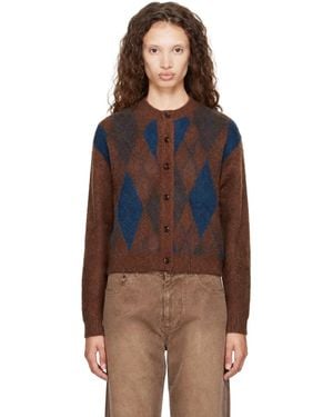 Tonywack Cardigan Brun En Tricot Brossé À Motif Argyle - Marron