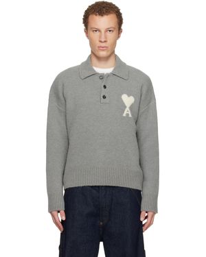 Ami Paris Alpaca Long Sleeves Ami De Coeur Polo - Grey