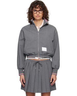 Thom Browne Wool Seersucker Zip Up Track Jacket - Gray
