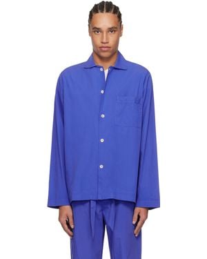 Tekla Chemise De Pyjama À Manches Longues Bleue En Popeline