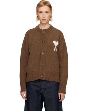 Ami Paris Cardigan Brun En Tricot D'Alpaga À Logo Ami De Cœur - Noir