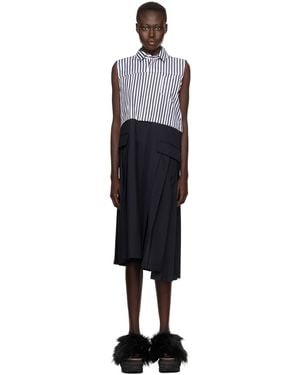 Sacai ホワイト&ネイビー Suiting X Cotton Poplin ミディアムワンピース - ブラック