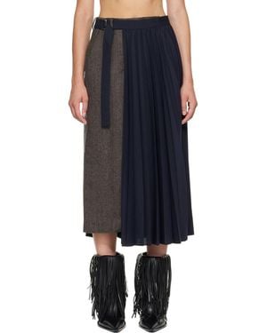 Sacai Taupe & Herringbone X Suiting Midi Skirt - Black