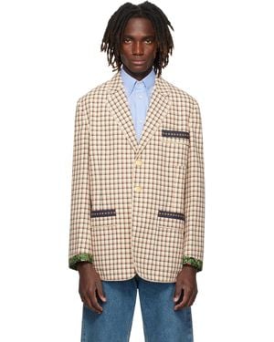 Valentino Check Pattern Single-Breasted Cotton Blazer - Natural