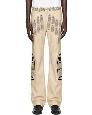 Who Decides War Patched Arch Embroidered Leather Pants - Natural