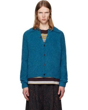 Dries Van Noten Cardigan Bleu En Tricot Brossé