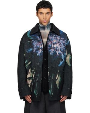 Dries Van Noten ブラック ジャカード コート - ブルー