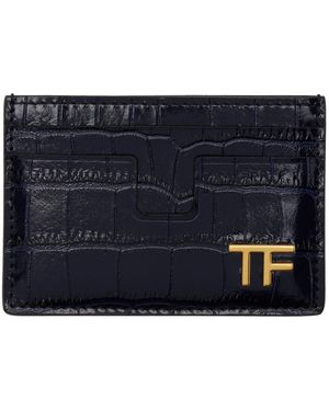 Tom Ford ネイビー シャイニー クロコエンボス カードケース - ブルー