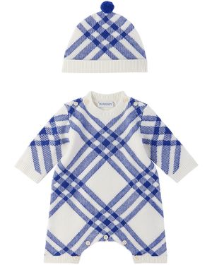 Burberry ベビー｜ホワイト＆ブルー チェック カバーオール＆ビーニー セット