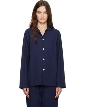 Tekla Poplin Long-sleeved Pyjama Shirt - Blue