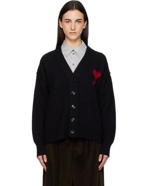 Ami Paris Cardigan Noir En Laine À Logo Ami De Cœur