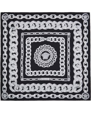 Versace Grand Foulard Noir Et Gris En Soie À Motif À Chaines Et À Logo Medusa