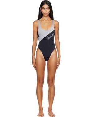 Versace Maillot De Bain Une Pièce Noir Et Gris À Logo Brodé - Bleu