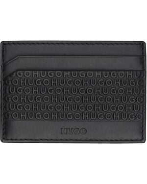 HUGO Logo-Pattern Leather Card Holder - Black