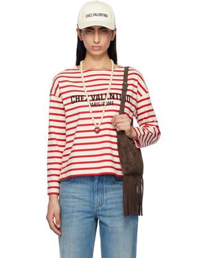 Valentino レッド＆オフホワイト ボーダー ジャージ コットン Tシャツ