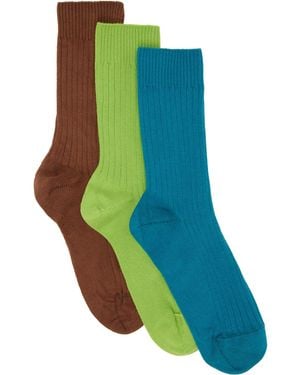 Baserange Ensemble De Trois Paires De Chaussettes Hauteur Mollet Multicolore En Tricot Côtelé - Bleu