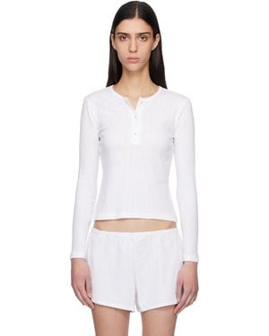 Leset Pointelle Long Sleeve Henley - White