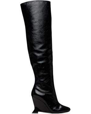 Balmain Thigh-High Crinkled Patent Leather Wedge Boots - Black