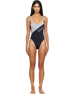Versace Maillot De Bain Une Pièce Noir Et Gris À Logo Brodé - Bleu