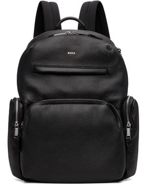 BOSS Italian-Leather Zipped Side Pockets Backpack - Black