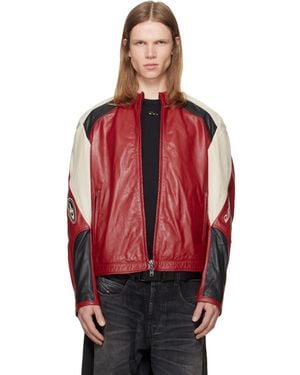 DIESEL Colour-Block Perforated Leather Biker Jacket - Red