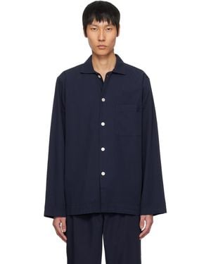 Tekla Chemise De Pyjama À Manches Longues Bleu Marine En Popeline