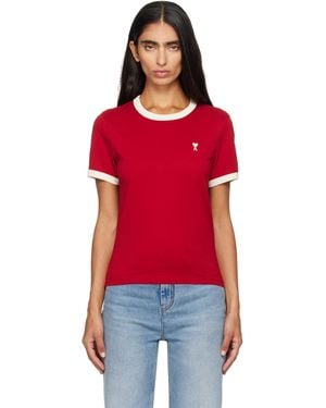 Ami Paris T-Shirt Rouge Contrasté En Coton À Logo Ami De Cœur