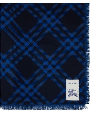 Burberry Écharpe Bleu Marine En Laine Et Soie À Grands Carreaux