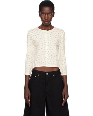 DUNST Off- Pointelle Crewneck Cardigan - Black