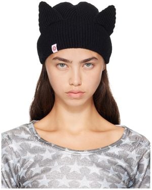 Charles Jeffrey Bonnet Noir En Tricot Côtelé À Appliqués D'Oreille - Bleu