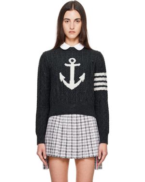 Thom Browne Pull Gris En Laine À Quatre Rayures Et À Image En Intarsia - Noir