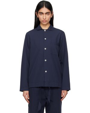Tekla Chemise De Pyjama À Manches Longues Bleu Marine En Popeline