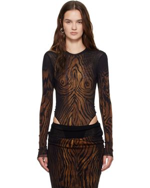 Jean Paul Gaultier Mesh Double Layer Printed Wood Bodysuit - Black