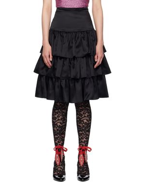 Valentino Jupe Midi Noire En Satin À Volants
