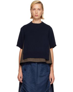 Sacai Pull Vert En Tricot De Coton Et Cachemire - Bleu