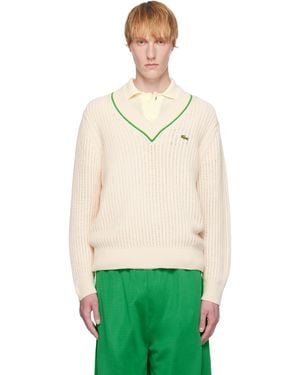 Lacoste オフホワイト Vネック ライン テニスセーター - グリーン