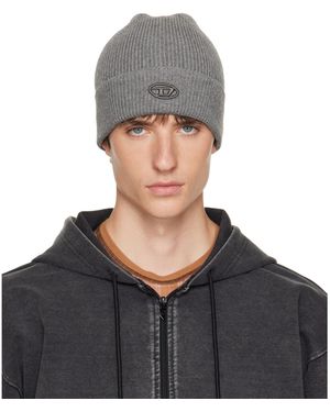 DIESEL Bonnet Gris En Tricot Côtelé À Logo Brodé - Noir