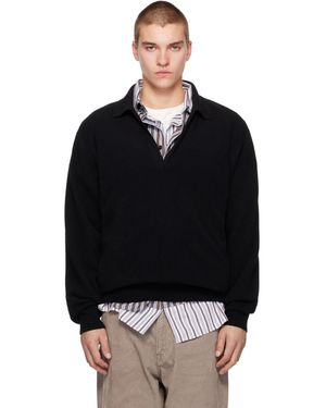 Ssstein Pull Noir En Tricot De Laine Extrafine À Col Italien Ouvert