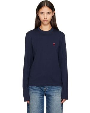 Ami Paris T-Shirt À Manches Longues Bleu Marine En Coton À Logo Ami De Cœur