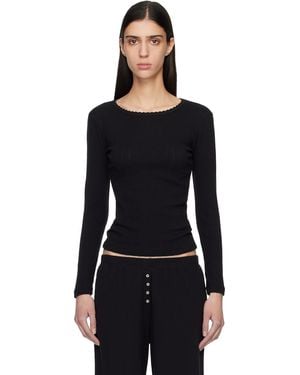 Leset Pointelle Slim Fit Long Sleeve T-Shirt - Black