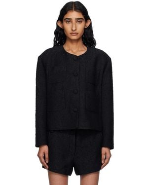 Pushbutton Collarless Tweed Jacket - Black