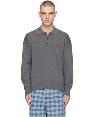 Ami Paris Ami Heart Long Sleeve Knitted Polo Shirt - Grey