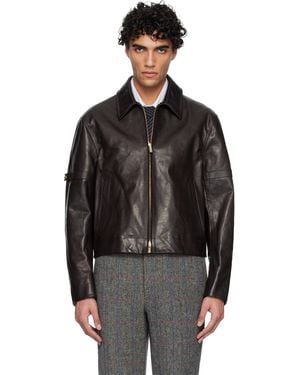 Thom Browne Zip Front Armband Leather Jacket - Black