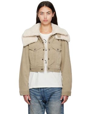 R13 Taupe Double Collar Sherpa Trucker Jacket - Natural