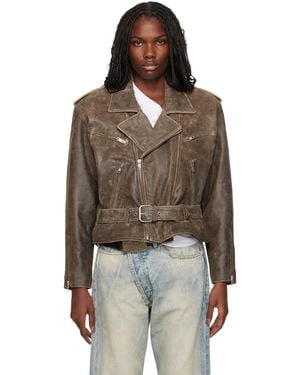 R13 Exaggerated Shoulder Motorcycle Leather Jacket - Brown